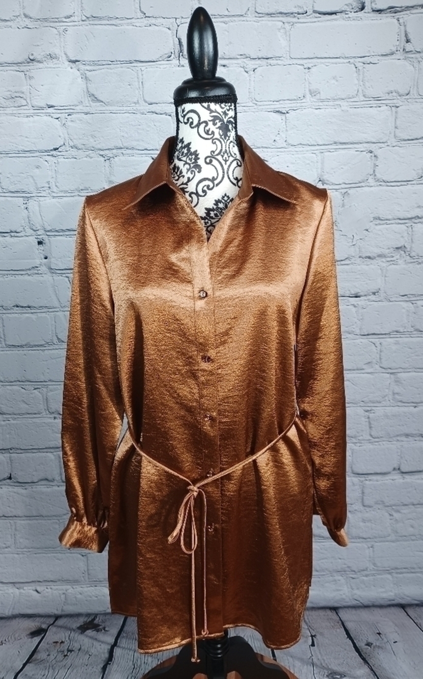 Susan Graver women's long sleeve button front tie waist top size s b14